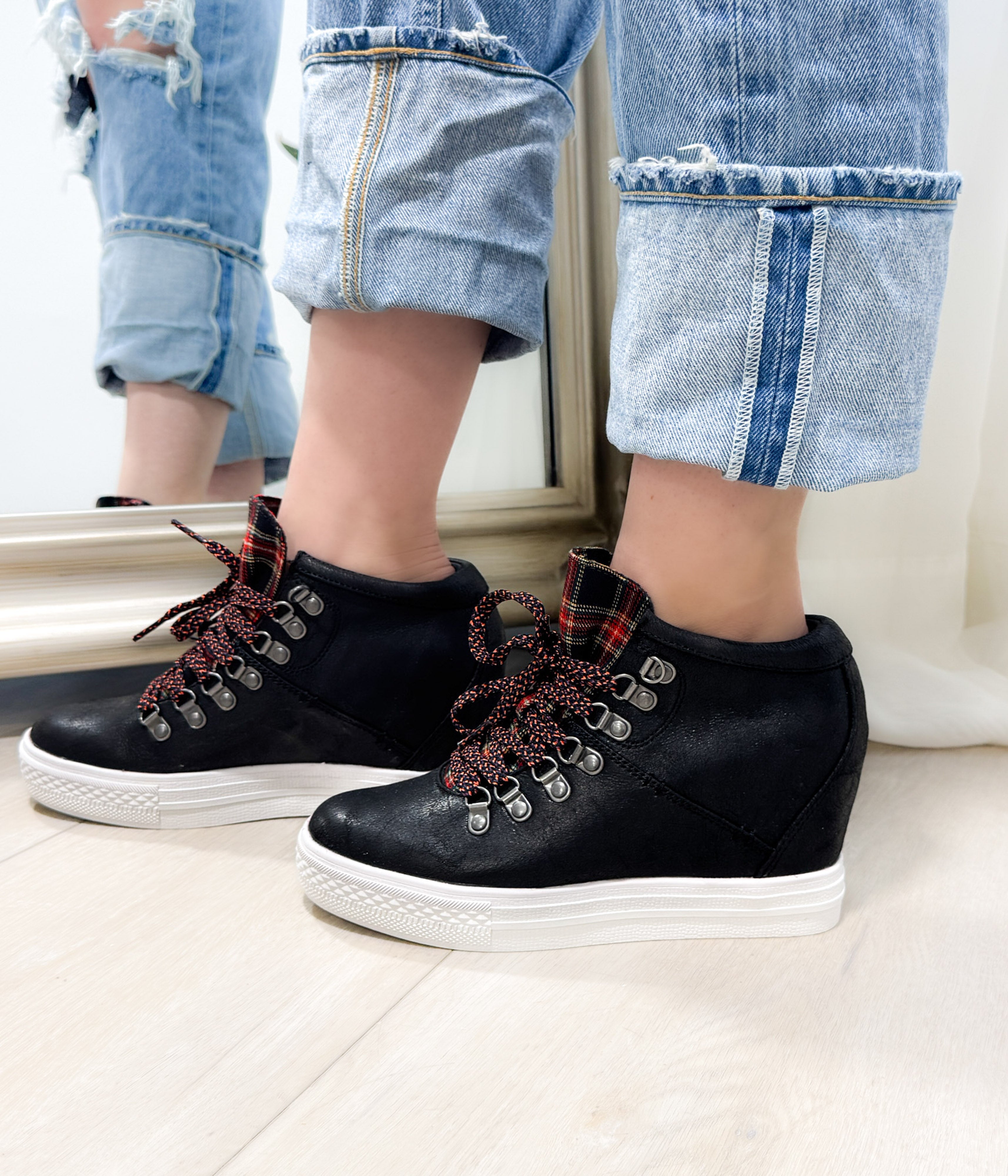 Tibi Black Sneaker With Wedge Heel And Plaid Tongue Naughty Monkey